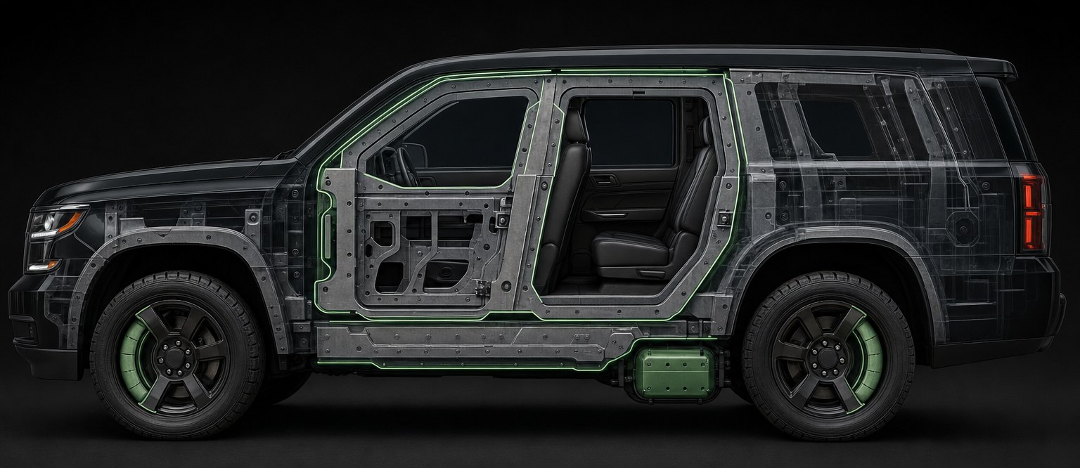 Cutaway diagram of an armoured Land Cruiser showing ballistic glass, reinforced doors, ballistic steel, run-flat wheels and protected fuel system