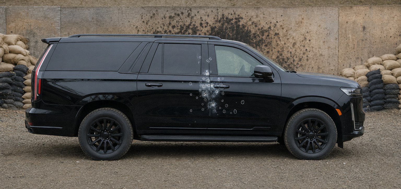 Armoured Suburban after multi-round ballistic testing on a range