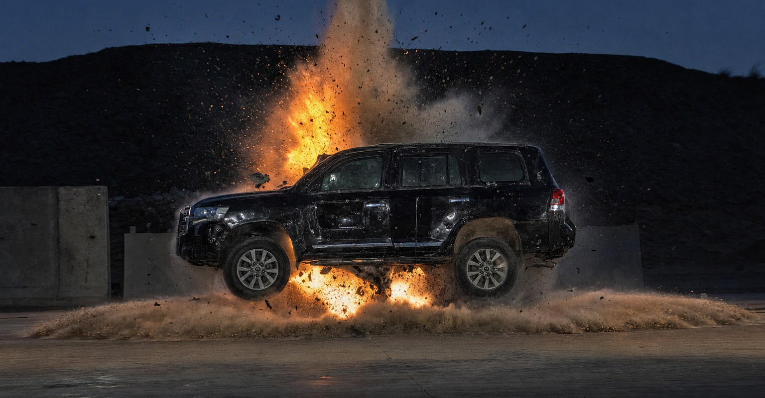 Armoured vehicle subjected to a live blast test, fireball behind