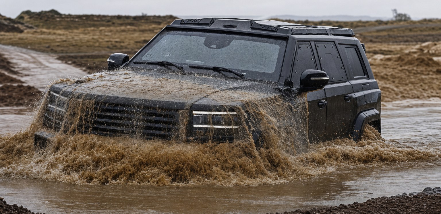Armoured Land Cruiser fording deep water during environmental testing