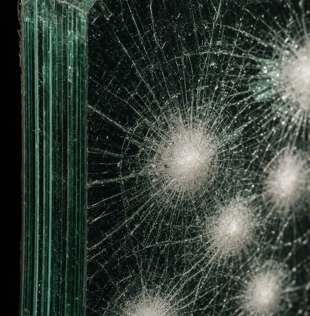 Bullet-resistant glass exterior impact view after multi-round testing