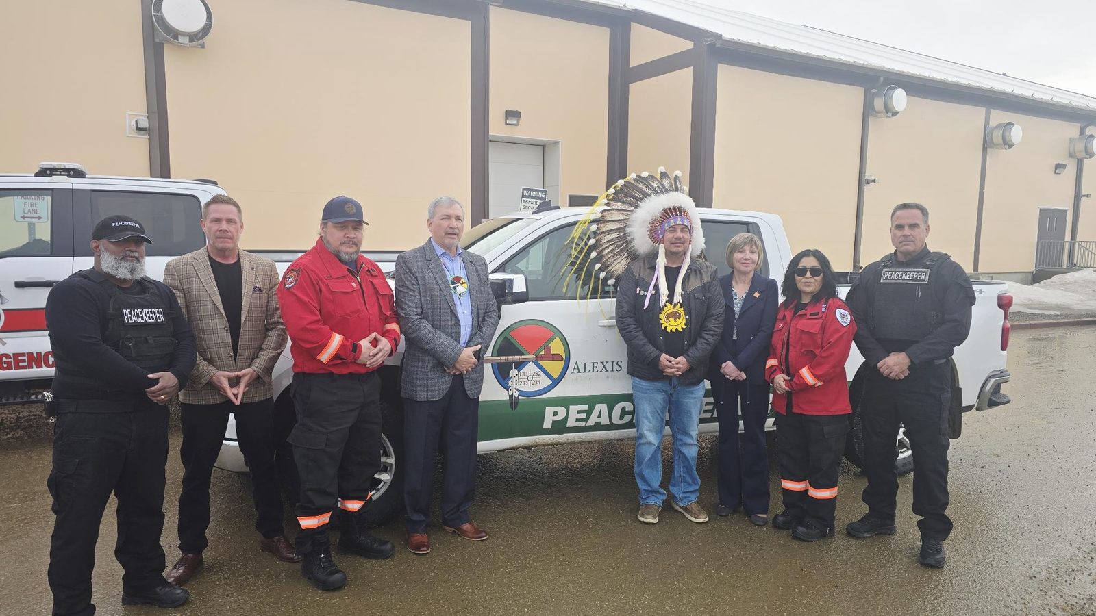 Chief Tony Alexis, Councillor Cameron Alexis, the RMFC President, an MP and Peacekeepers in Edmonton, March 18, 2026