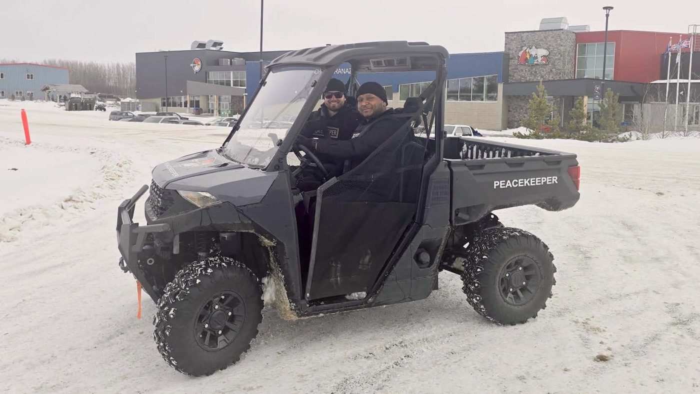 RMFC Peacekeepers on duty in a side-by-side patrol vehicle, Alexis Nakota Sioux Nation, January 2026