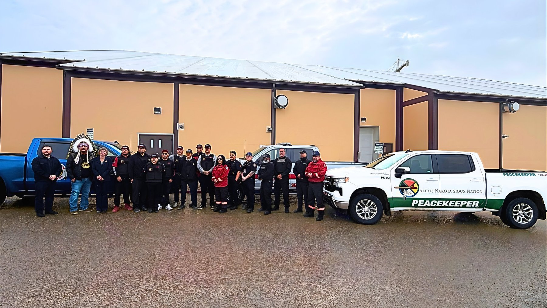 Grand Chief Joey Pete, Minister Eleanor Olszewski and Peacekeepers at a Search and Rescue Funding Announcement in Edmonton