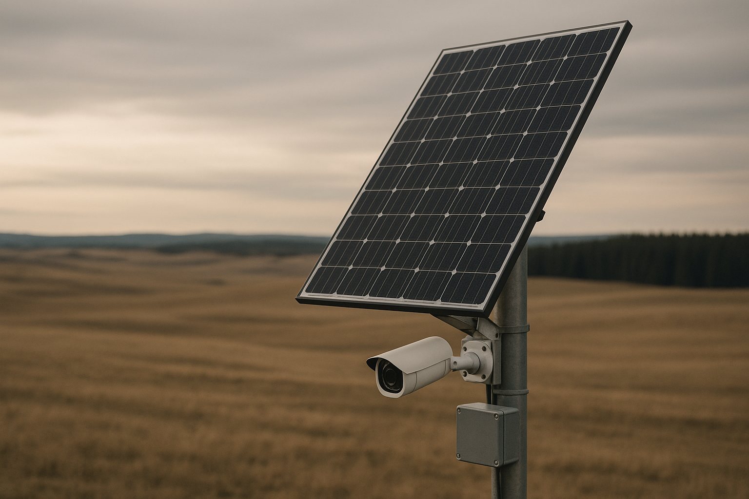 Solar panel, battery, and bullet camera in one all-in-one unit on a pole at a remote off-grid site