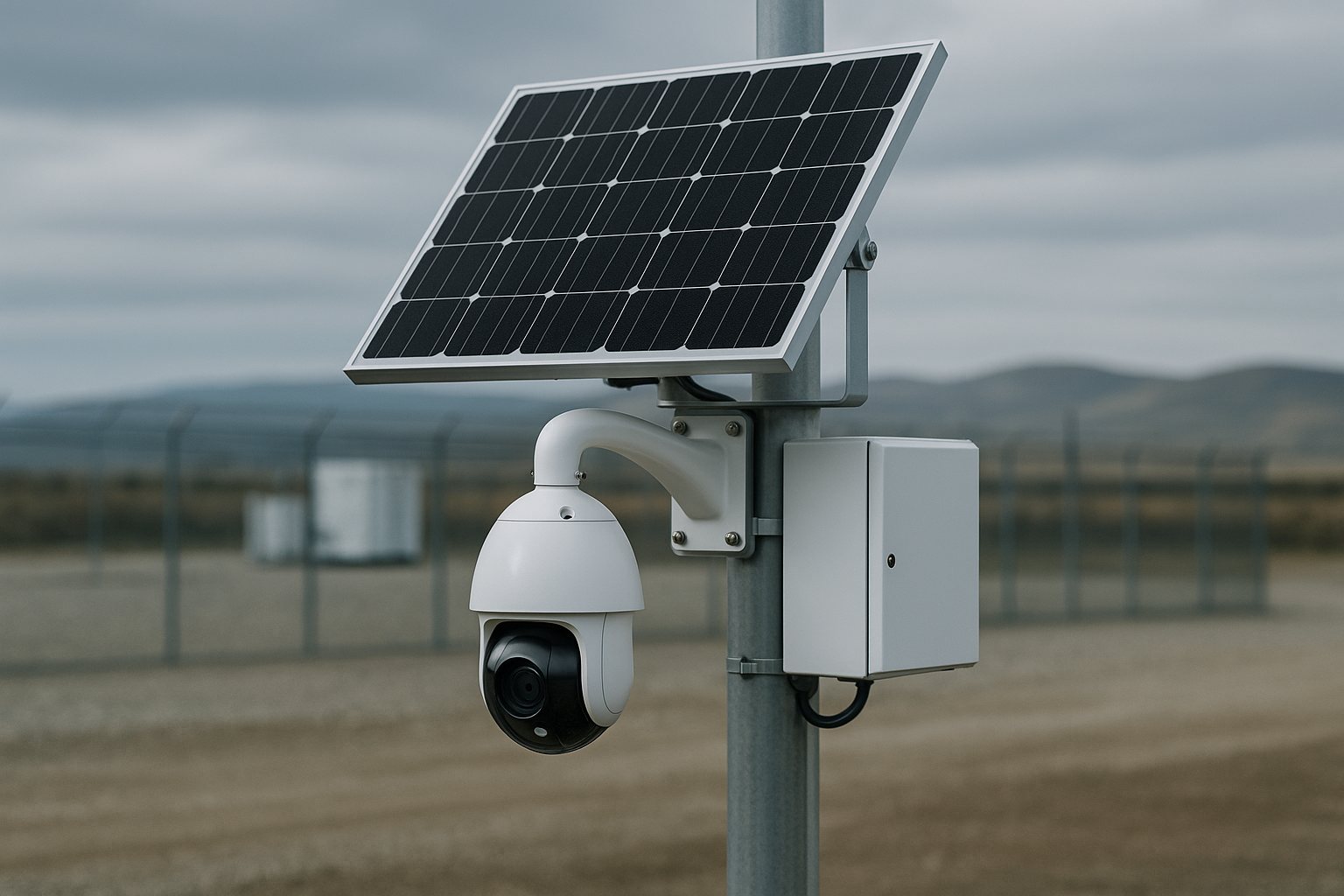 Solar-powered PTZ dome camera with battery box mounted on a pole at a remote off-grid perimeter